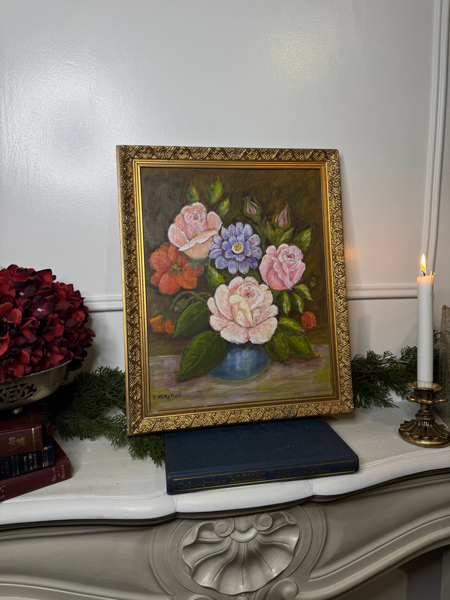 Vintage Floral Oil Painting by E. Henstock: Antique Gold Frame 43 x 35 cm