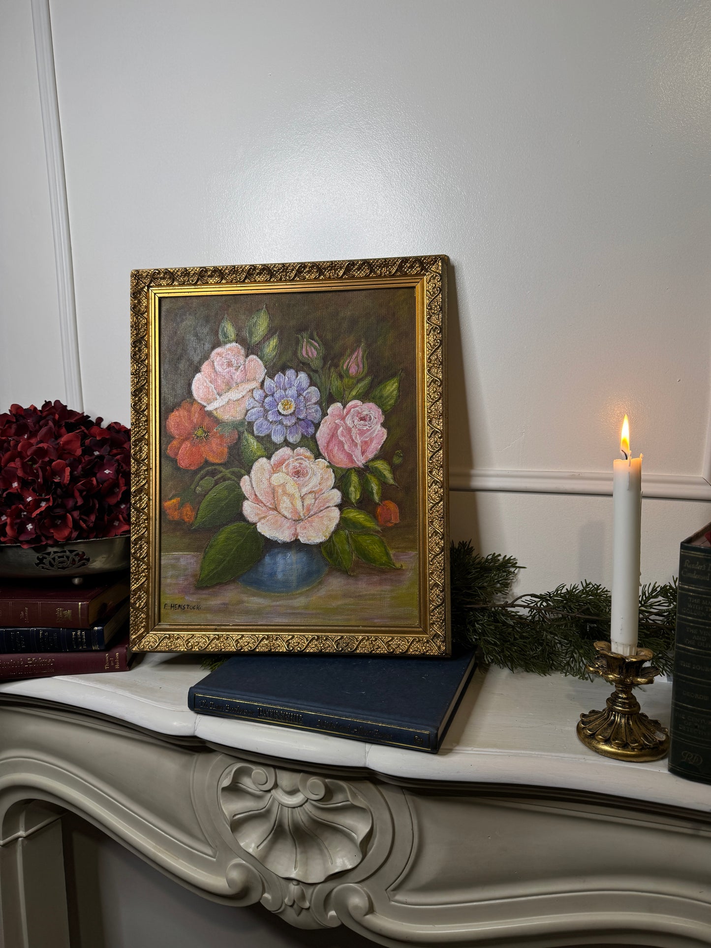 Vintage Floral Oil Painting by E. Henstock: Antique Gold Frame 43 x 35 cm