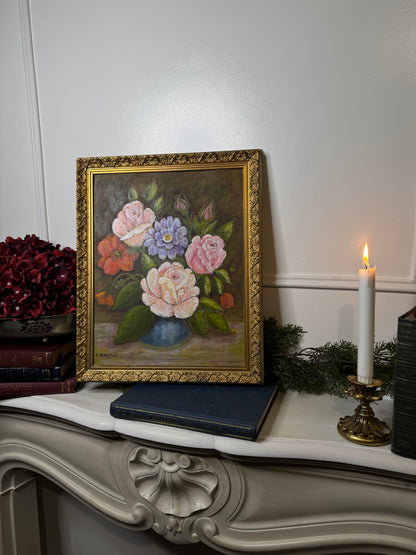 Vintage Floral Oil Painting by E. Henstock: Antique Gold Frame 43 x 35 cm