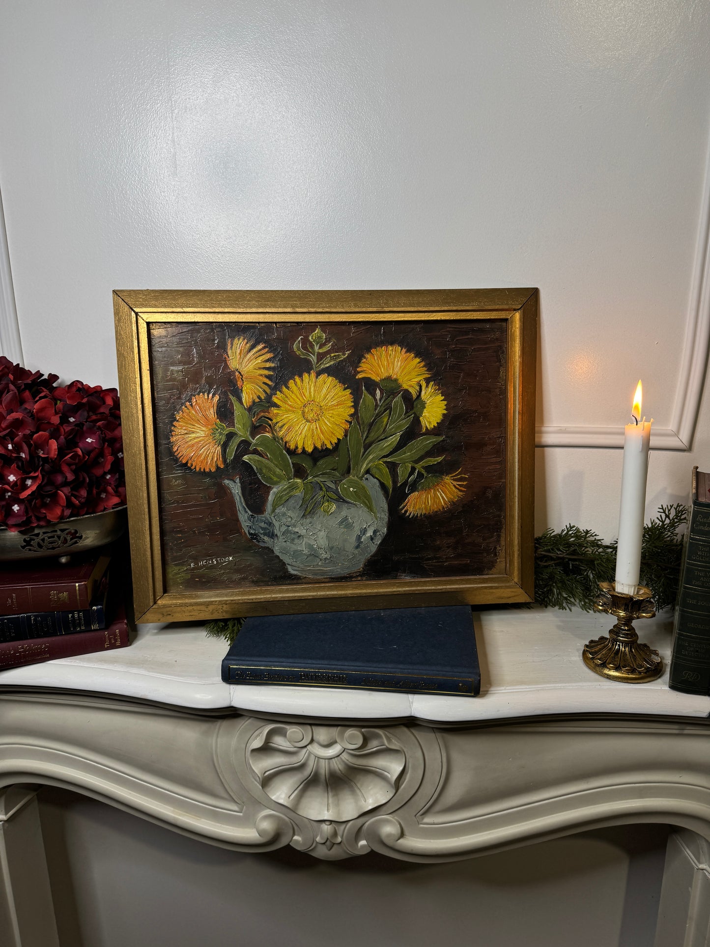 Vintage Yellow Flowers Oil Painting by E. Henstock: Gilt Gold Frame