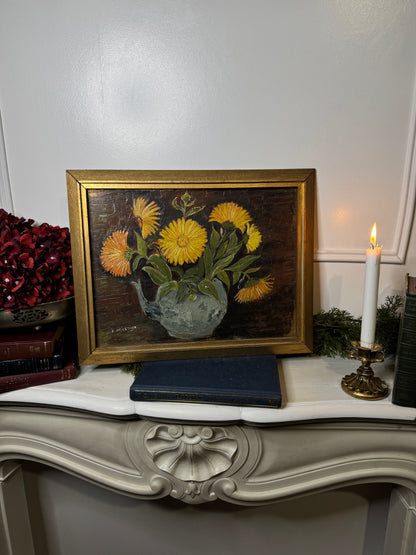 Vintage Yellow Flowers Oil Painting by E. Henstock: Gilt Gold Frame