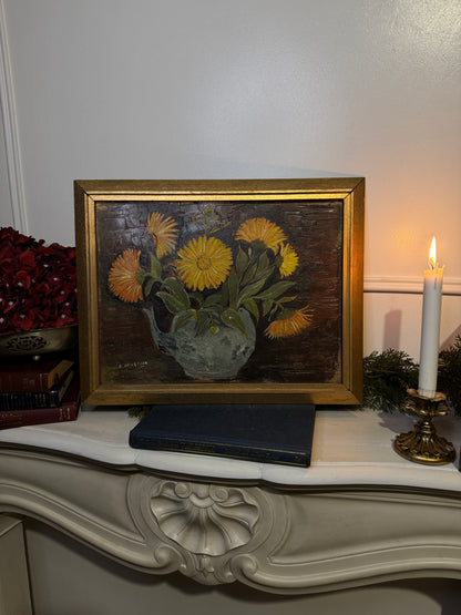Vintage Yellow Flowers Oil Painting by E. Henstock: Gilt Gold Frame