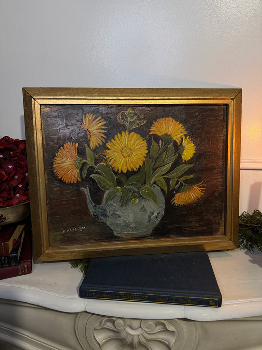 Vintage Yellow Flowers Oil Painting by E. Henstock: Gilt Gold Frame