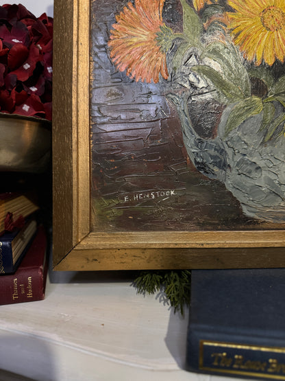 Vintage Yellow Flowers Oil Painting by E. Henstock: Gilt Gold Frame
