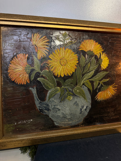 Vintage Yellow Flowers Oil Painting by E. Henstock: Gilt Gold Frame