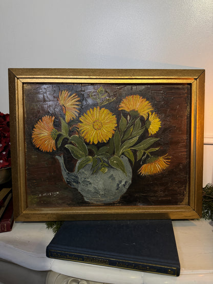 Vintage Yellow Flowers Oil Painting by E. Henstock: Gilt Gold Frame