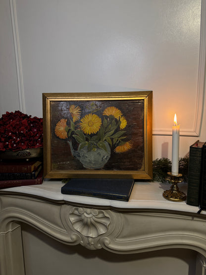 Vintage Yellow Flowers Oil Painting by E. Henstock: Gilt Gold Frame