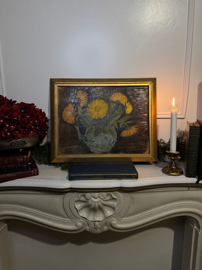 Vintage Yellow Flowers Oil Painting by E. Henstock: Gilt Gold Frame