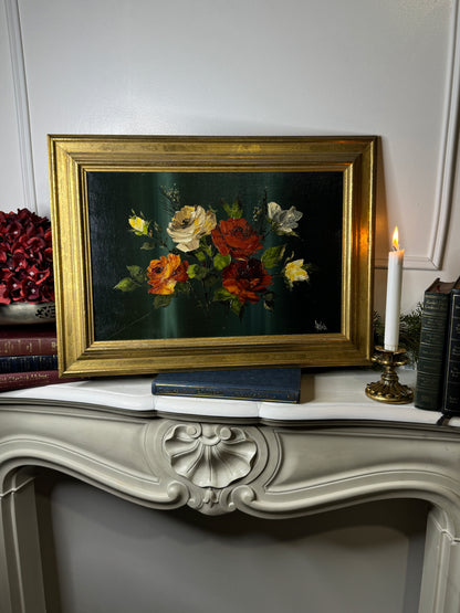 Vintage Dark Green Floral Display Painting by Arnold in Gold Wooden Picture Frame
