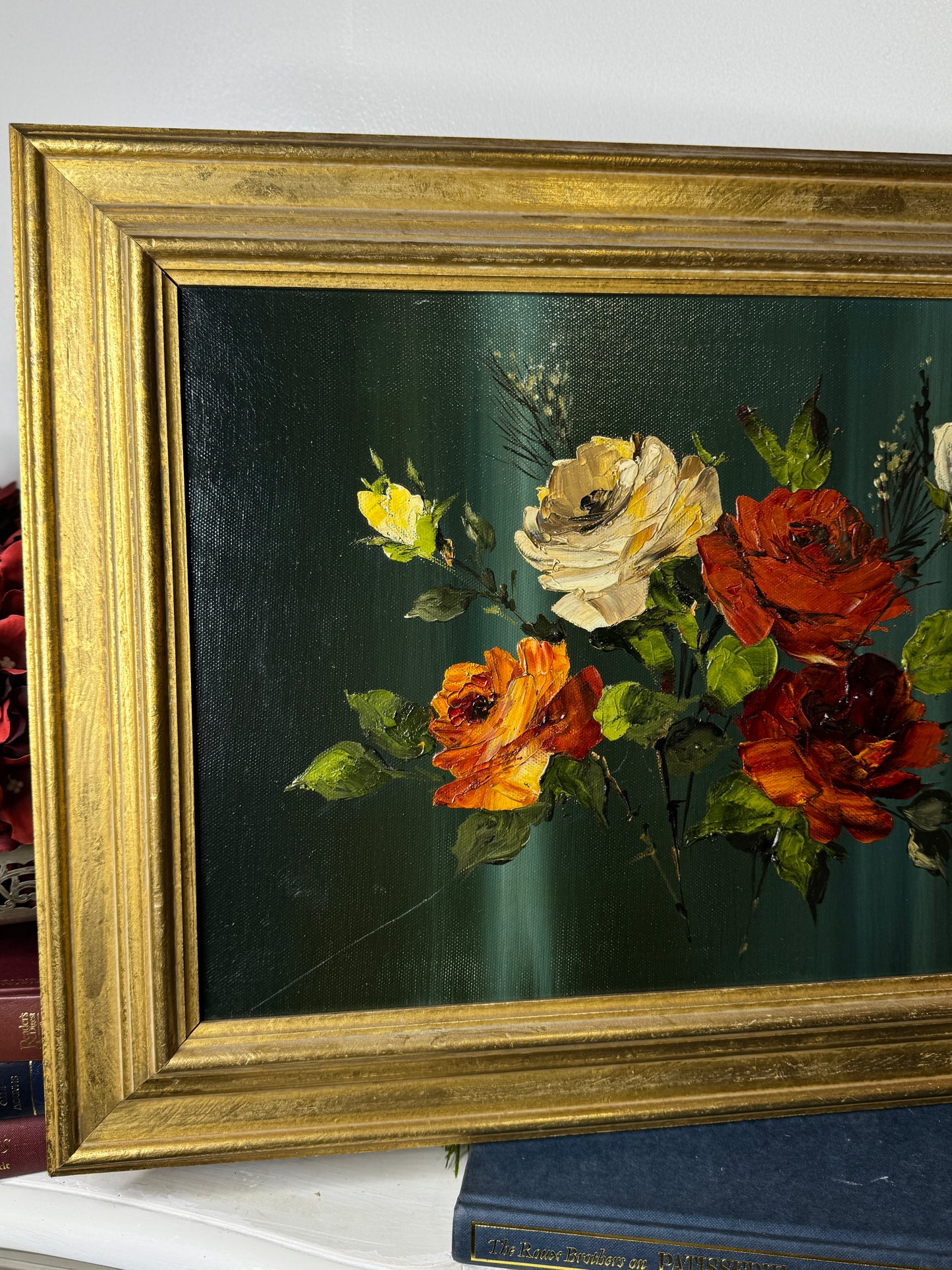 Vintage Dark Green Floral Display Painting by Arnold in Gold Wooden Picture Frame
