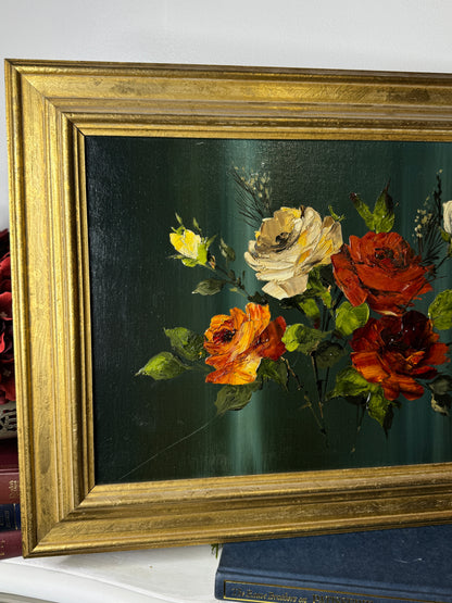 Vintage Dark Green Floral Display Painting by Arnold in Gold Wooden Picture Frame