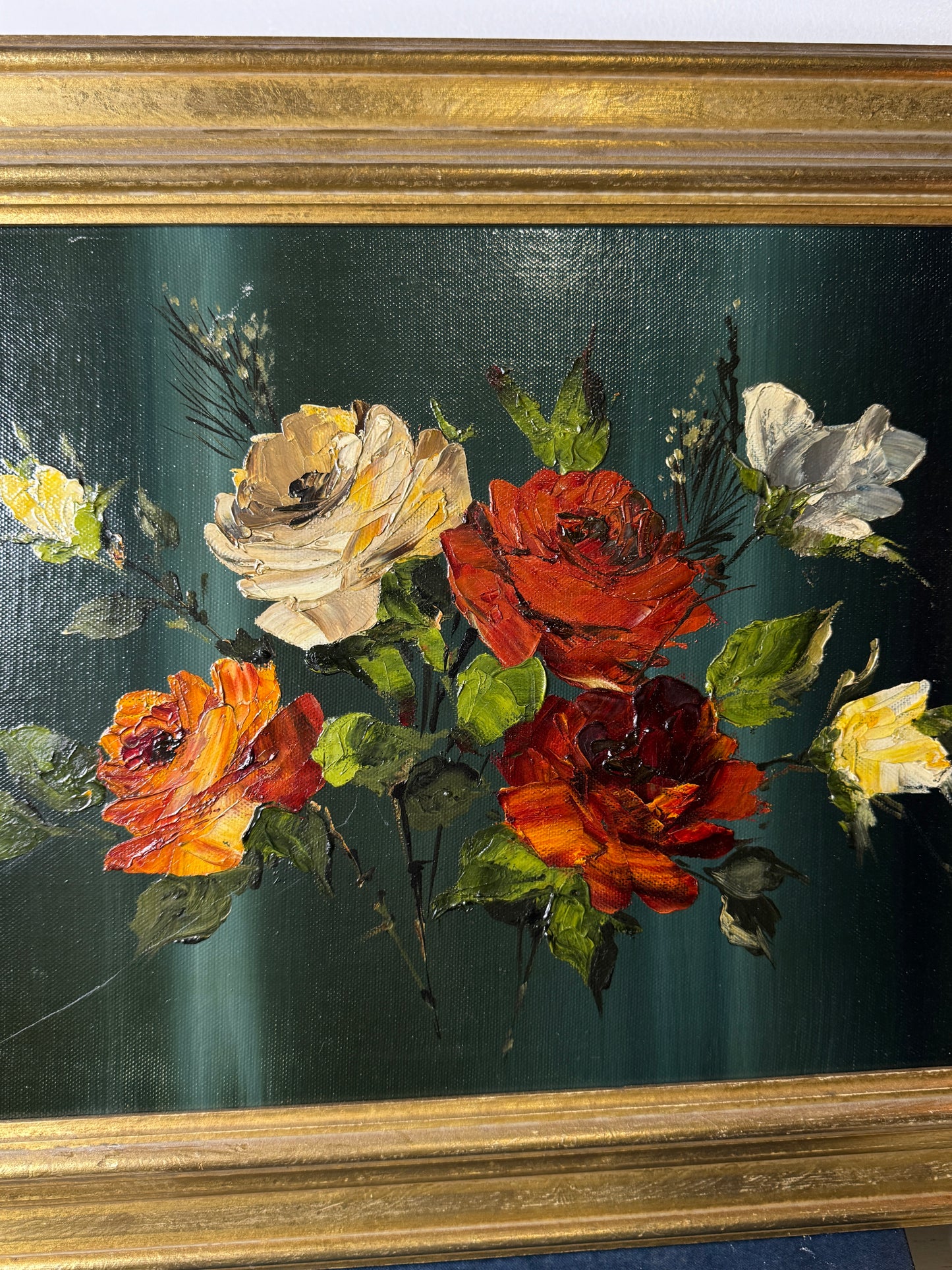 Vintage Dark Green Floral Display Painting by Arnold in Gold Wooden Picture Frame