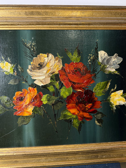 Vintage Dark Green Floral Display Painting by Arnold in Gold Wooden Picture Frame