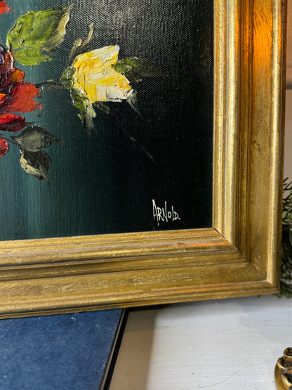 Vintage Dark Green Floral Display Painting by Arnold in Gold Wooden Picture Frame