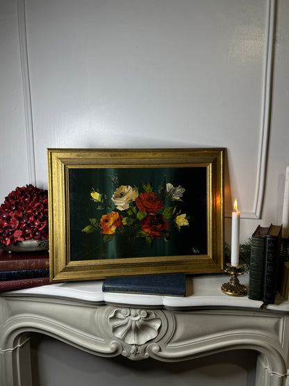 Vintage Dark Green Floral Display Painting by Arnold in Gold Wooden Picture Frame