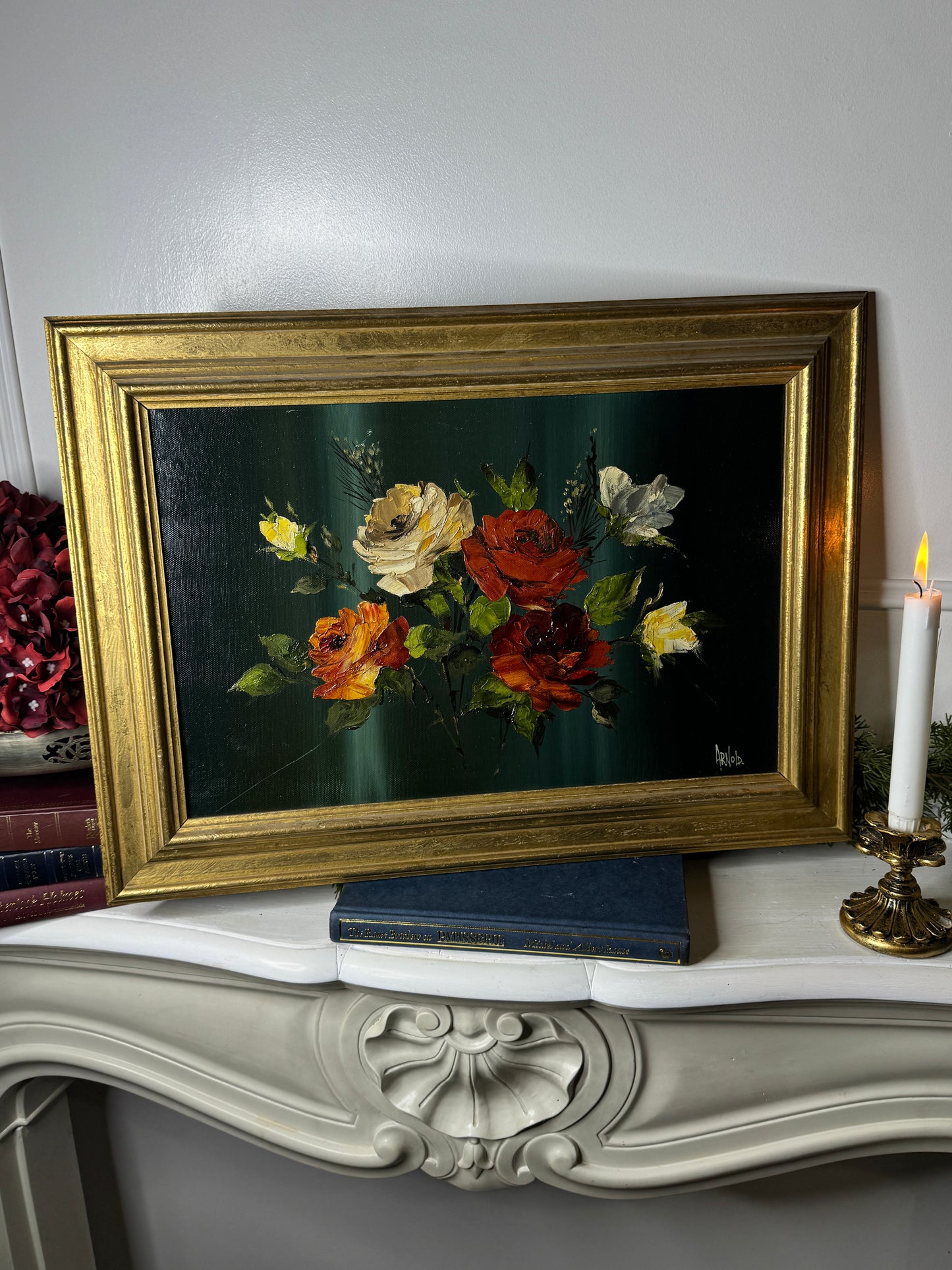 Vintage Dark Green Floral Display Painting by Arnold in Gold Wooden Picture Frame