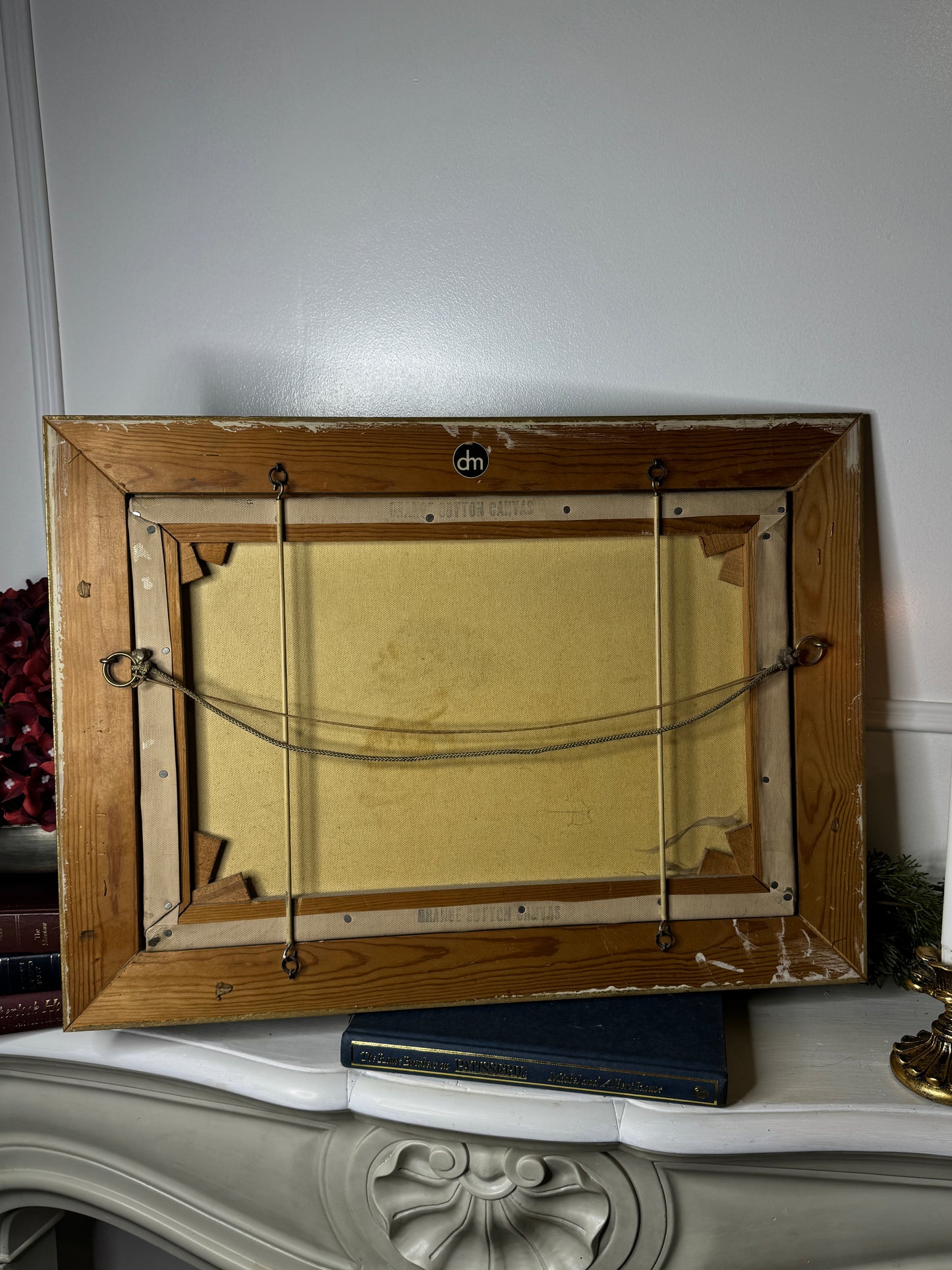 Vintage Dark Green Floral Display Painting by Arnold in Gold Wooden Picture Frame