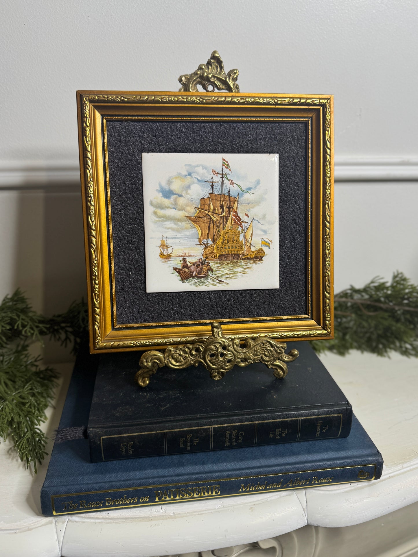 Vintage Hand painted Tiles in Gold Gilt Frame Pair