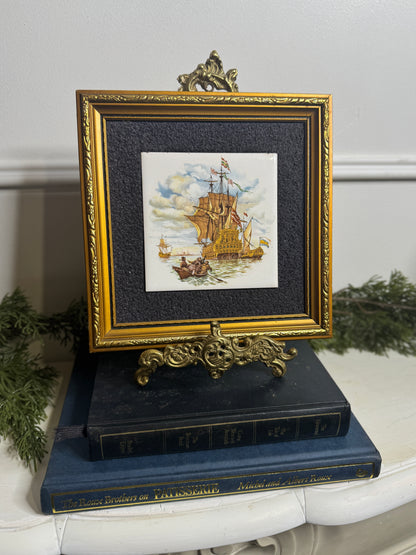 Vintage Hand painted Tiles in Gold Gilt Frame Pair