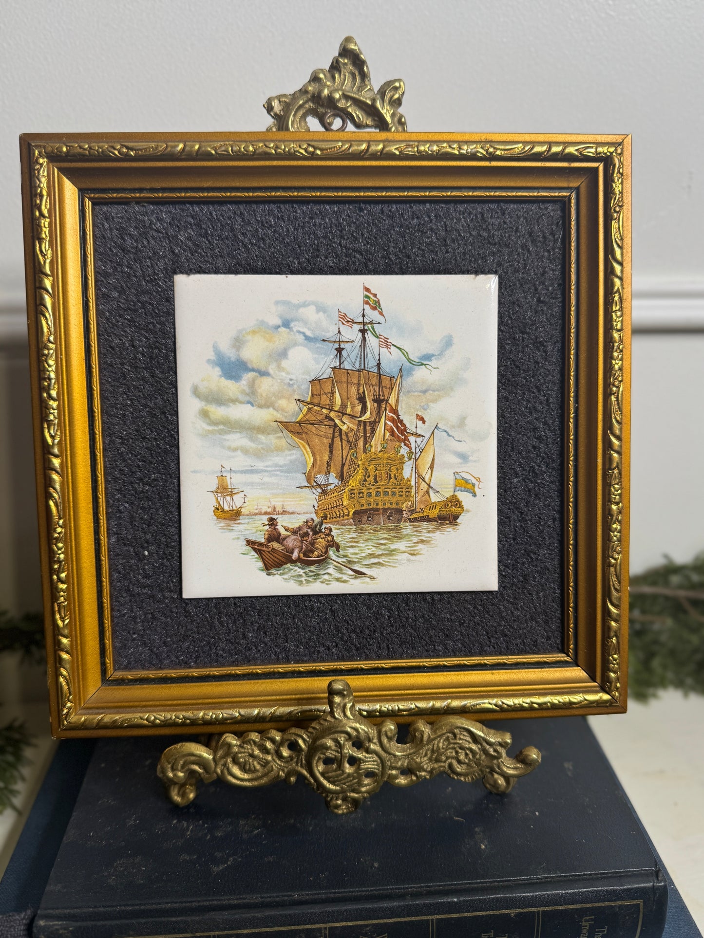 Vintage Hand painted Tiles in Gold Gilt Frame Pair