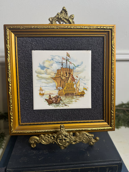 Vintage Hand painted Tiles in Gold Gilt Frame Pair