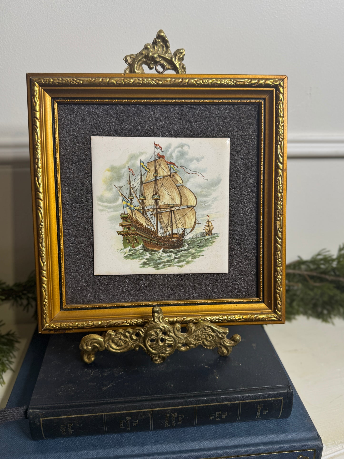 Vintage Hand painted Tiles in Gold Gilt Frame Pair