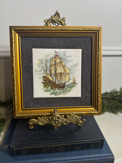 Vintage Hand painted Tiles in Gold Gilt Frame Pair