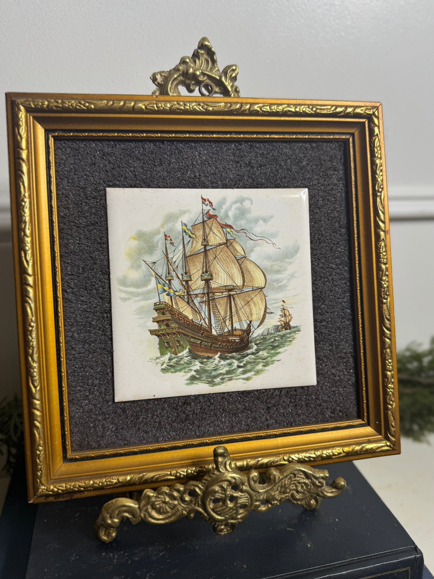Vintage Hand painted Tiles in Gold Gilt Frame Pair