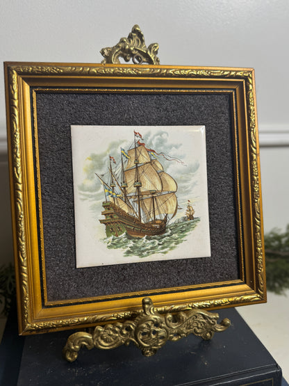 Vintage Hand painted Tiles in Gold Gilt Frame Pair