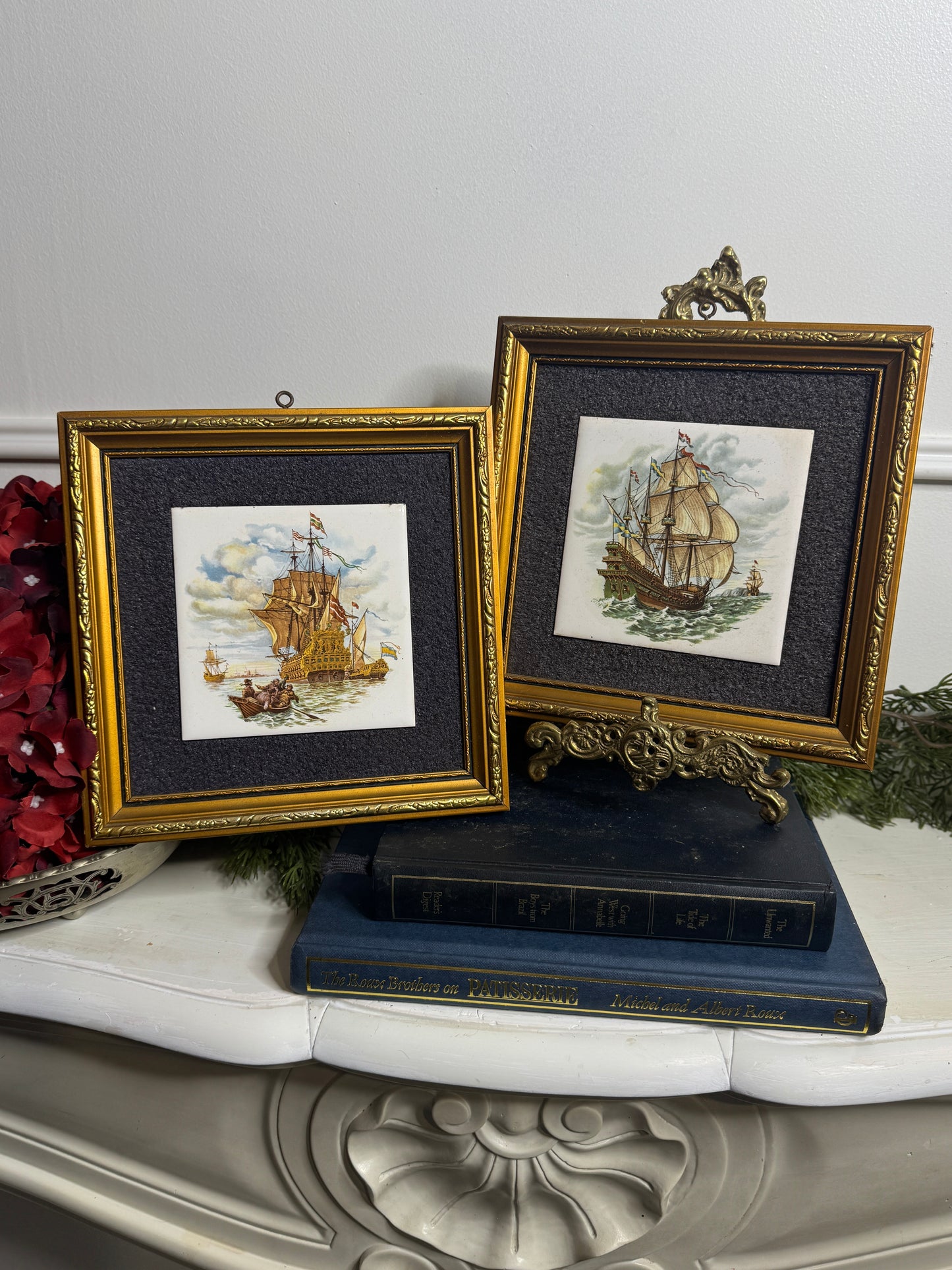 Vintage Hand painted Tiles in Gold Gilt Frame Pair