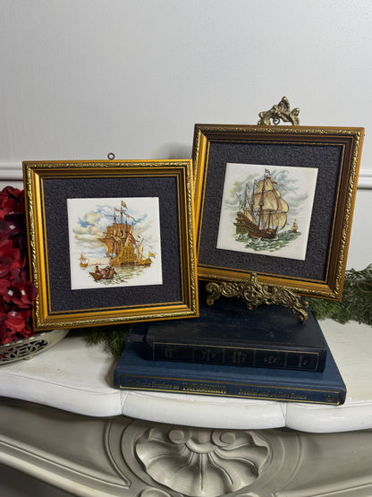 Vintage Hand painted Tiles in Gold Gilt Frame Pair