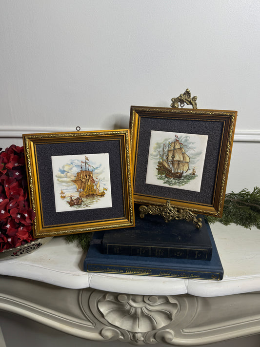 Vintage Hand painted Tiles in Gold Gilt Frame Pair