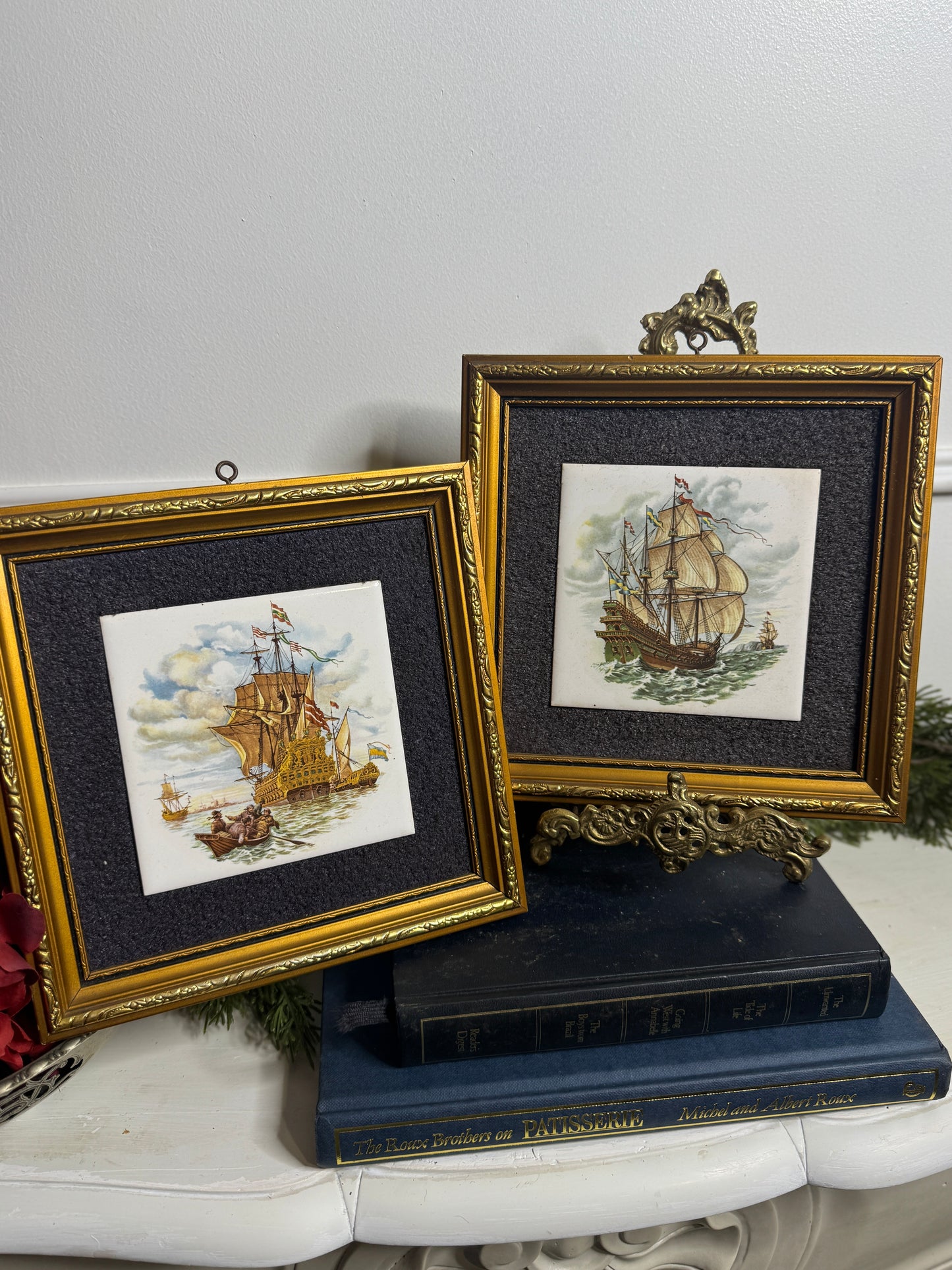 Vintage Hand painted Tiles in Gold Gilt Frame Pair