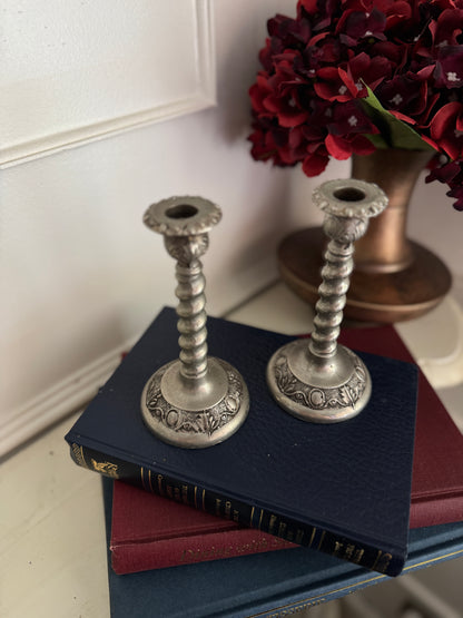 Vintage Pair Of White Metal Candlestick Holders Made in England