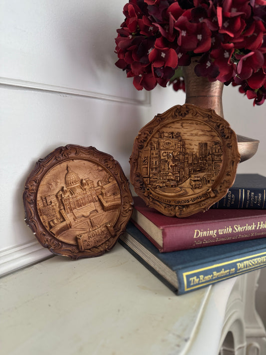 Vintage Small Round Hanging 3D Wood Carved Wall Art