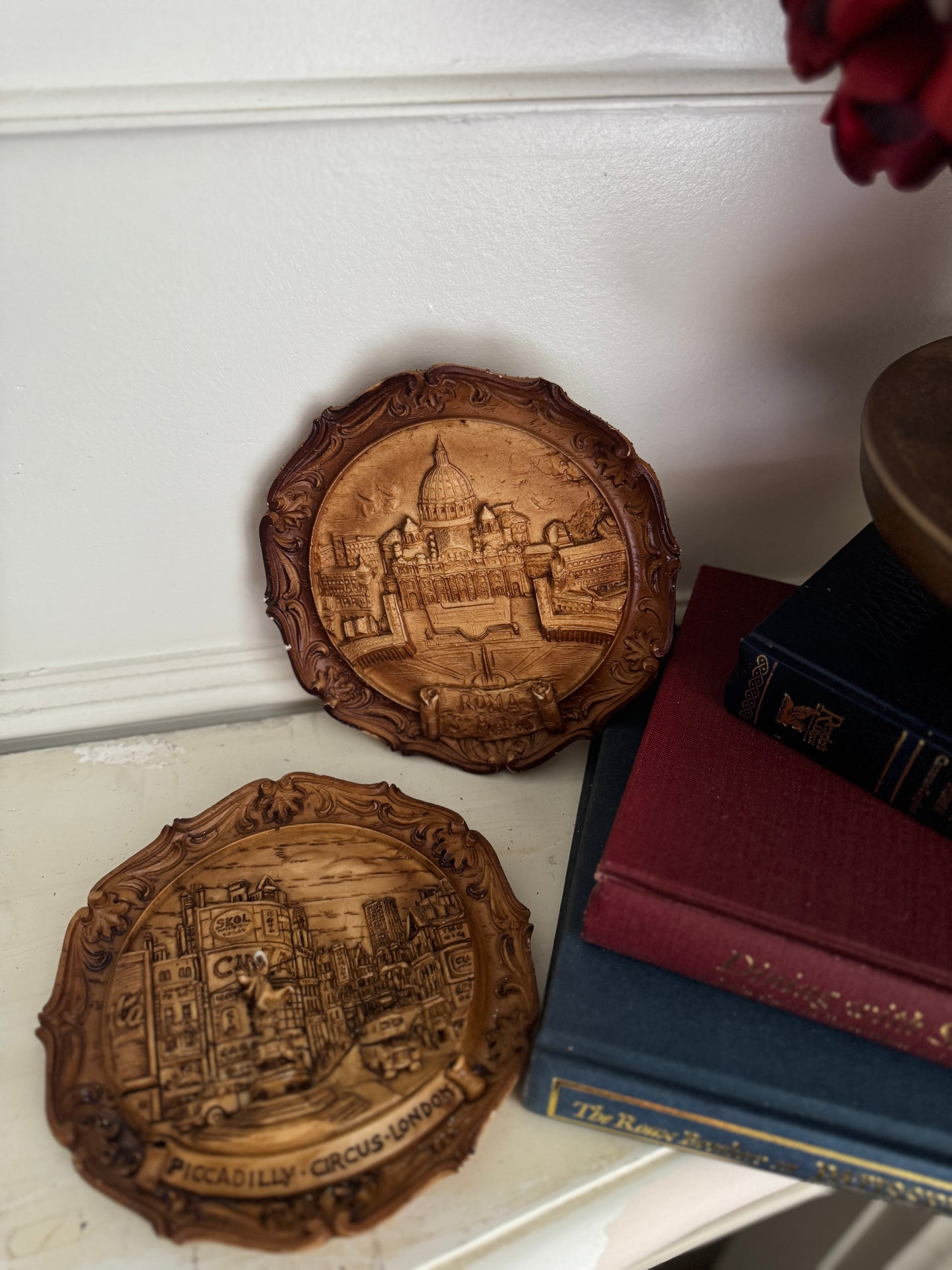 Vintage Small Round Hanging 3D Wood Carved Wall Art