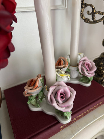 Vintage Rare Antique Herend Hungarian Hand-Painted Three Roses Candle Holder Pair