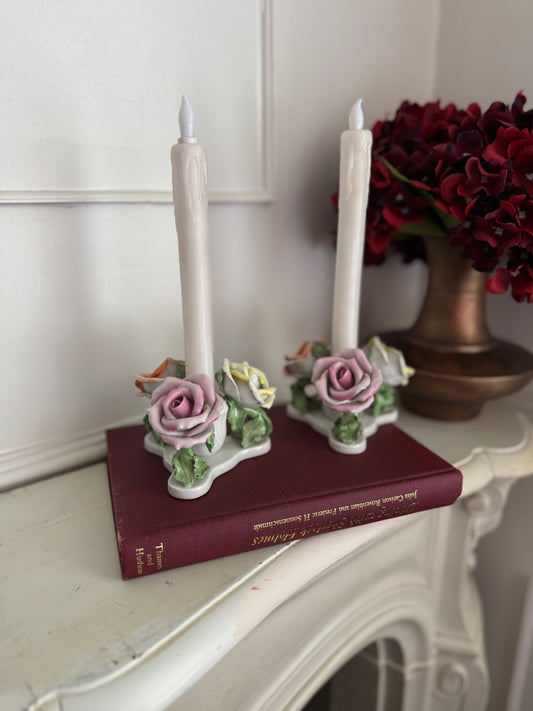 Vintage Rare Antique Herend Hungarian Hand-Painted Three Roses Candle Holder Pair