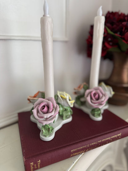 Vintage Rare Antique Herend Hungarian Hand-Painted Three Roses Candle Holder Pair