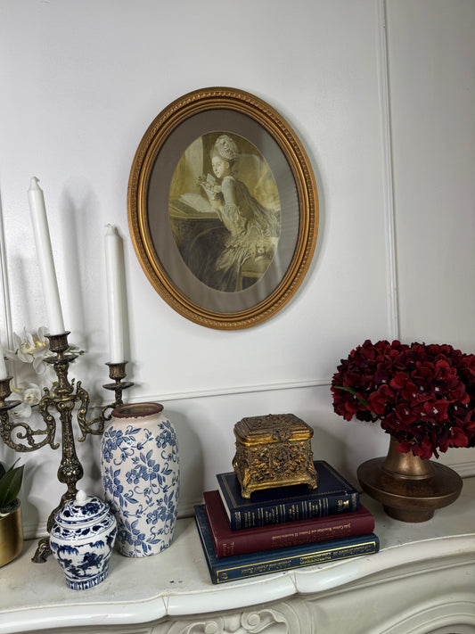 Elegant Antique Wall Art in Oval Gold Wooden Frame