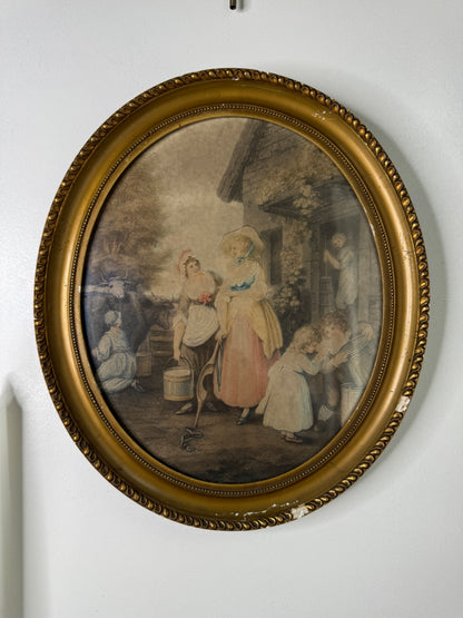 Vintage Hand-Coloured Artwork Stipple Engraving in Oval Giltwood Frame