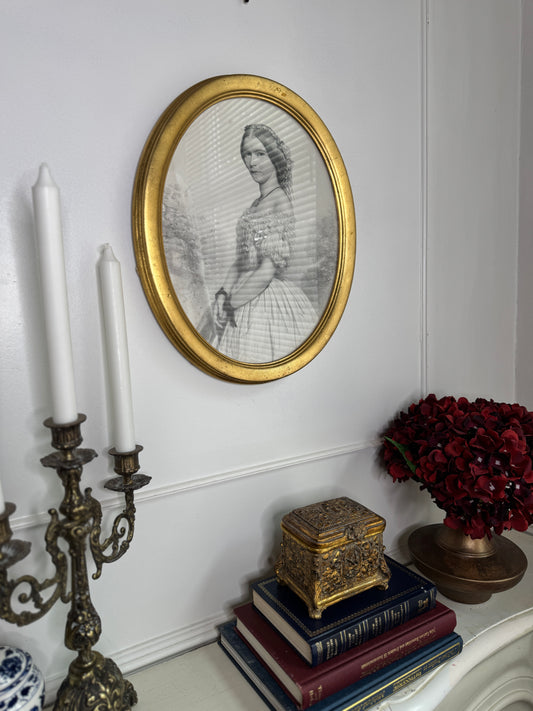 Victorian 1859 Engraving in Gold Oval Gilt Frame with Handwritten Note