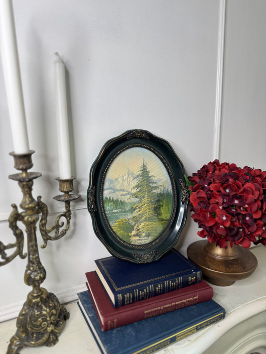 Vintage Oil Painting in Green Oval Resin Frame