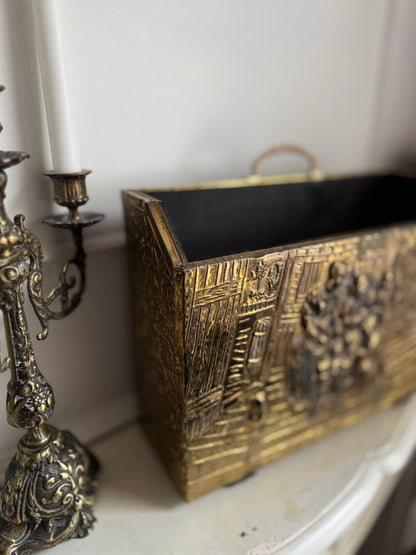 Vintage Lombard Brass Magazine Rack with Embossed Family Scene