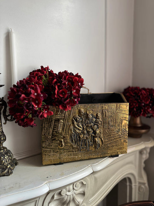 Vintage Lombard Brass Magazine Rack with Embossed Family Scene