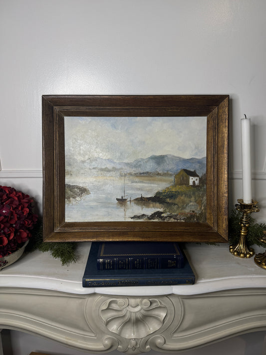 Vintage Rustic Oil Painting by E. Henstock in a Wooden Oak Picture Frame