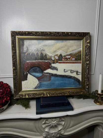 Vintage Large Winter Scenery Oil Painting by y E. Henstock in Belvoir Gilt Frame
