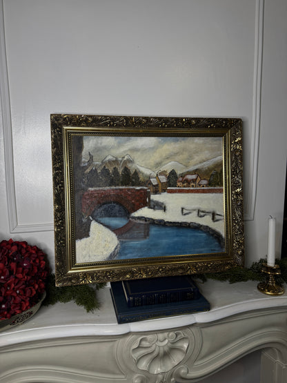 Vintage Large Winter Scenery Oil Painting by y E. Henstock in Belvoir Gilt Frame