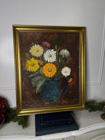 Vintage Floral Oil Painting by E. Henstock: Antique Gold Frame 56 x 46 cm