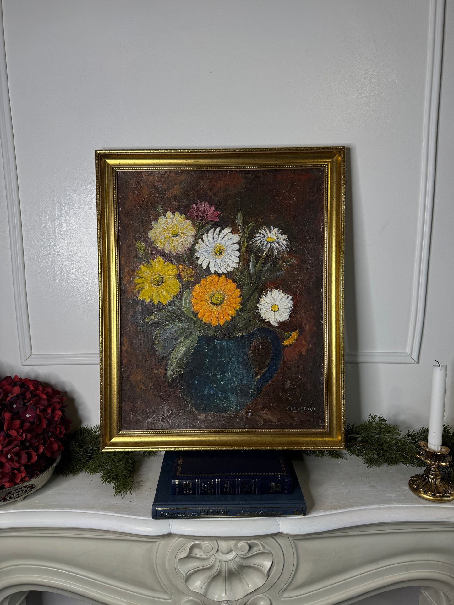 Vintage Floral Oil Painting by E. Henstock: Antique Gold Frame 56 x 46 cm